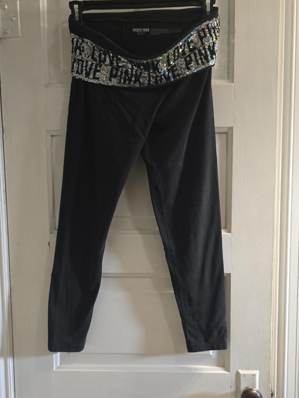 PINK Victoria's Secret Black Leggings with Sequin Fold-Over Waistband